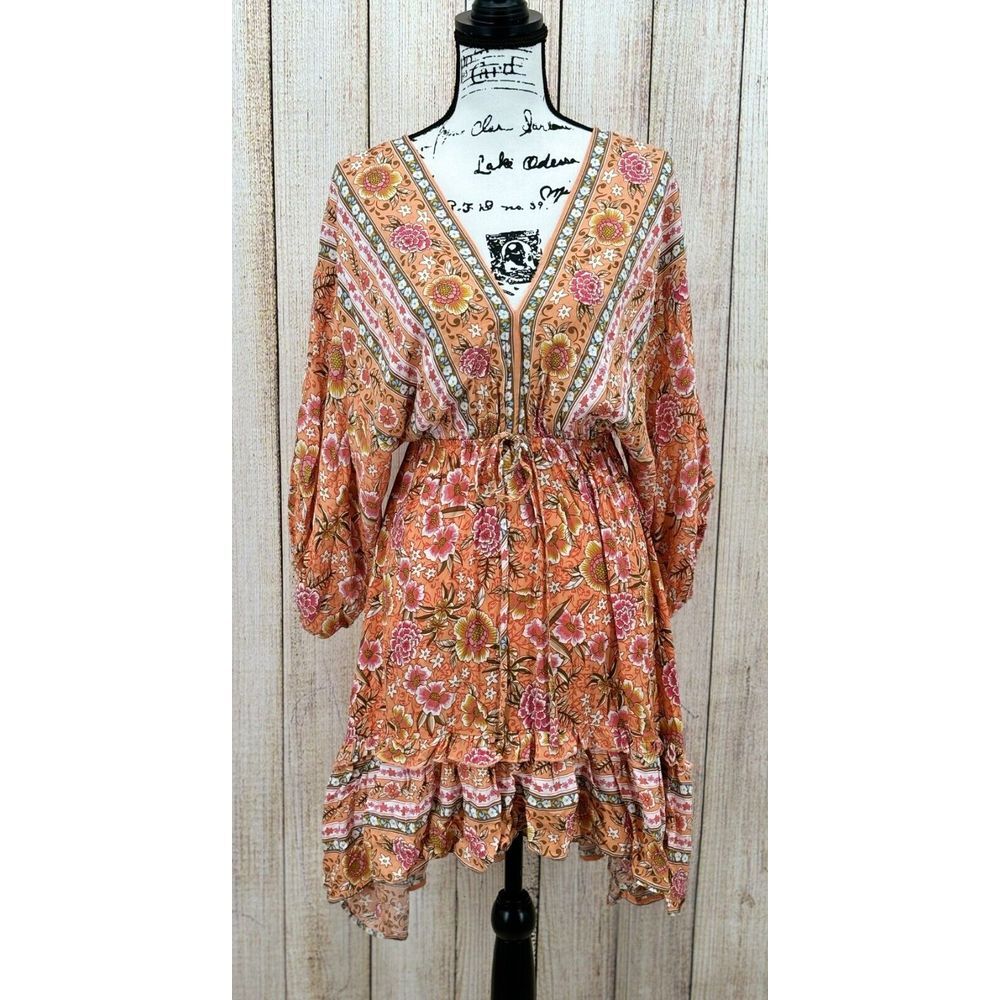 Umgee Size Small Tangerine Orange Floral Print Hi Low Midi Dress Boho Beach NWT - Picture 1 of 9